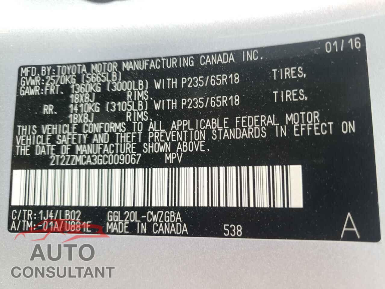 LEXUS RX350 2016 - 2T2ZZMCA3GC009067