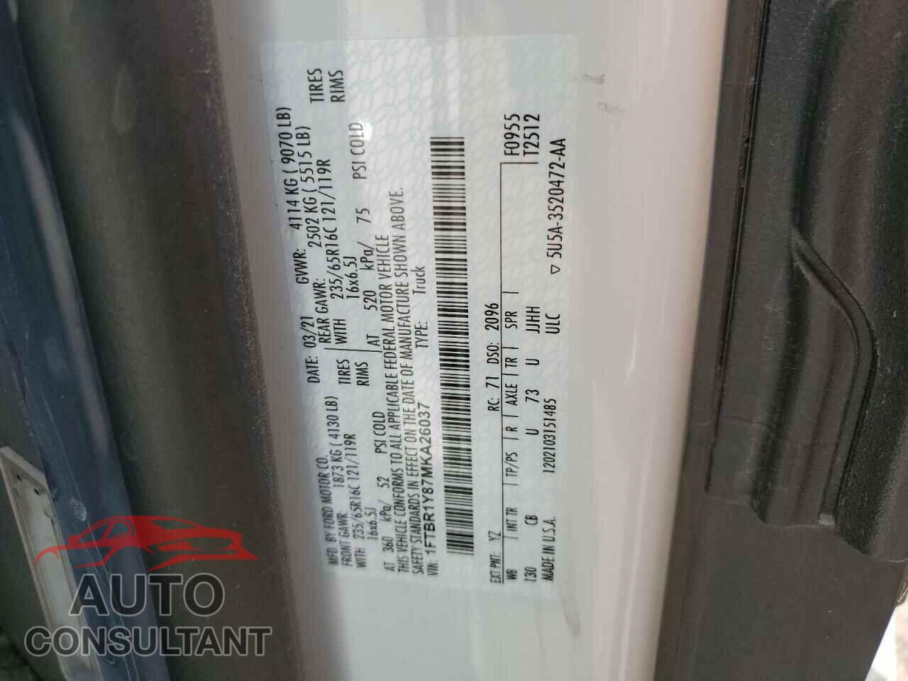 FORD TRANSIT 2021 - 1FTBR1Y87MKA26037