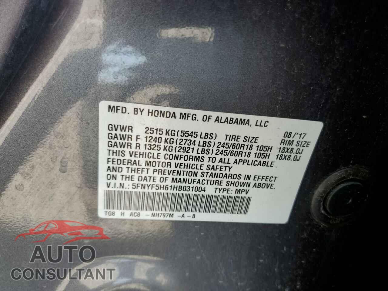 HONDA PILOT 2017 - 5FNYF5H61HB031004