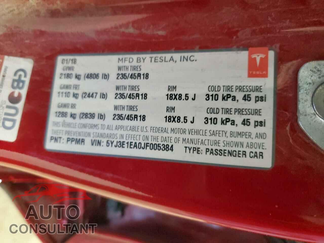 TESLA MODEL 3 2018 - 5YJ3E1EA0JF005384