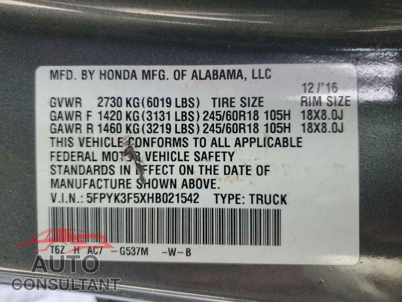 HONDA RIDGELINE 2017 - 5FPYK3F5XHB021542