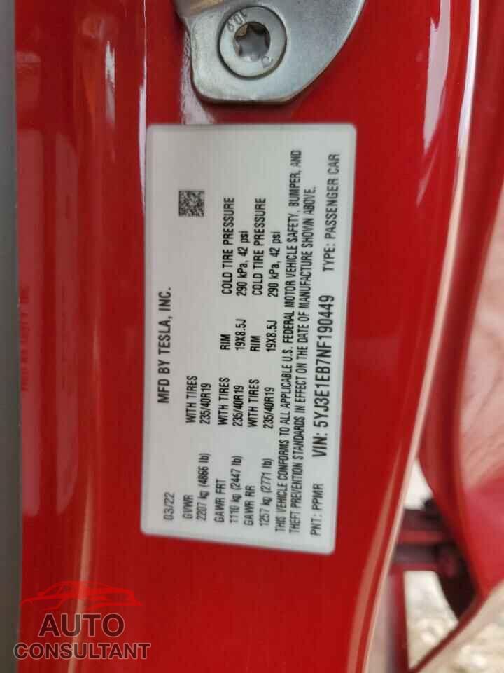 TESLA MODEL 3 2022 - 5YJ3E1EB7NF190449