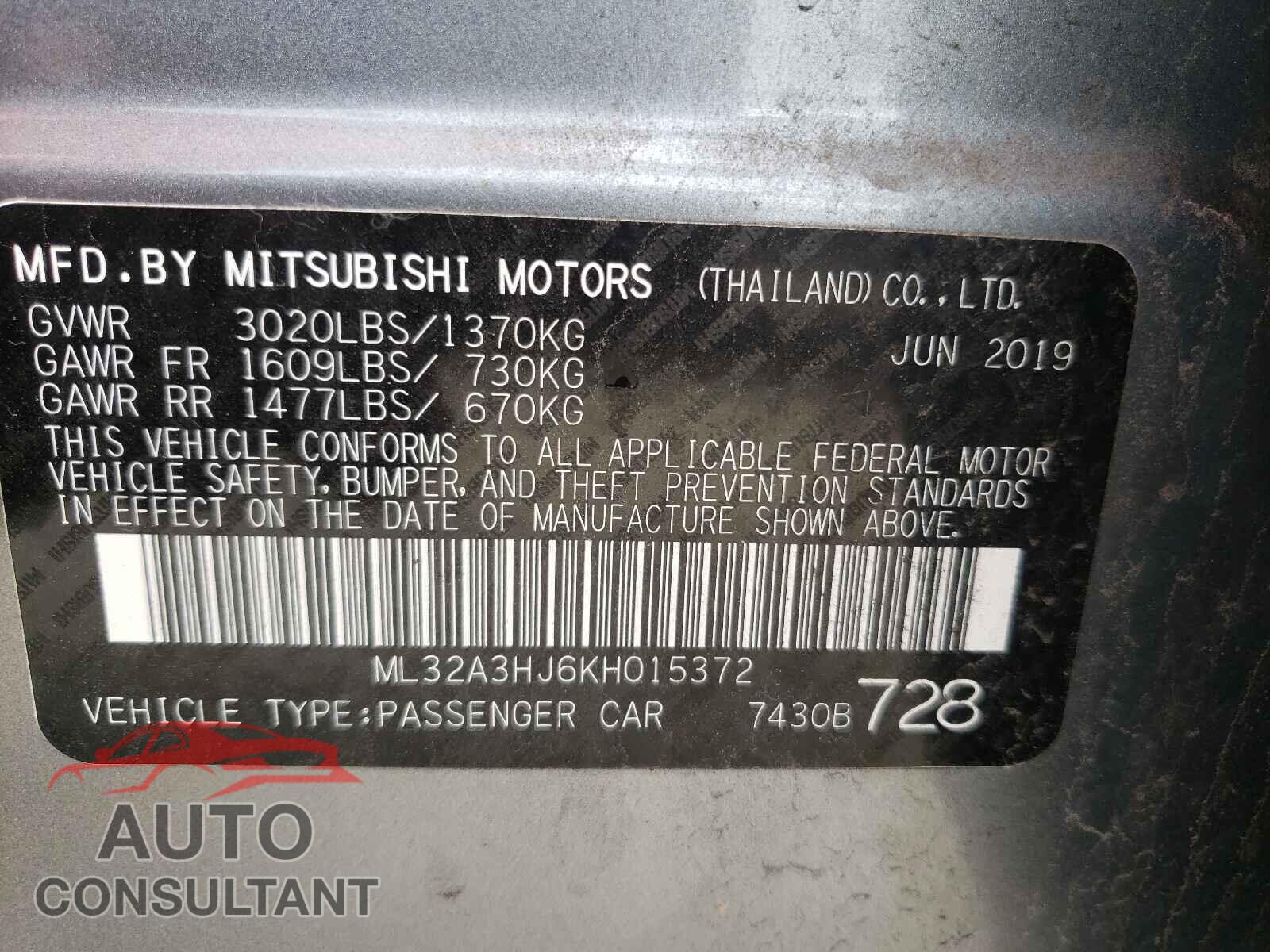 MITSUBISHI MIRAGE 2019 - ML32A3HJ6KH015372