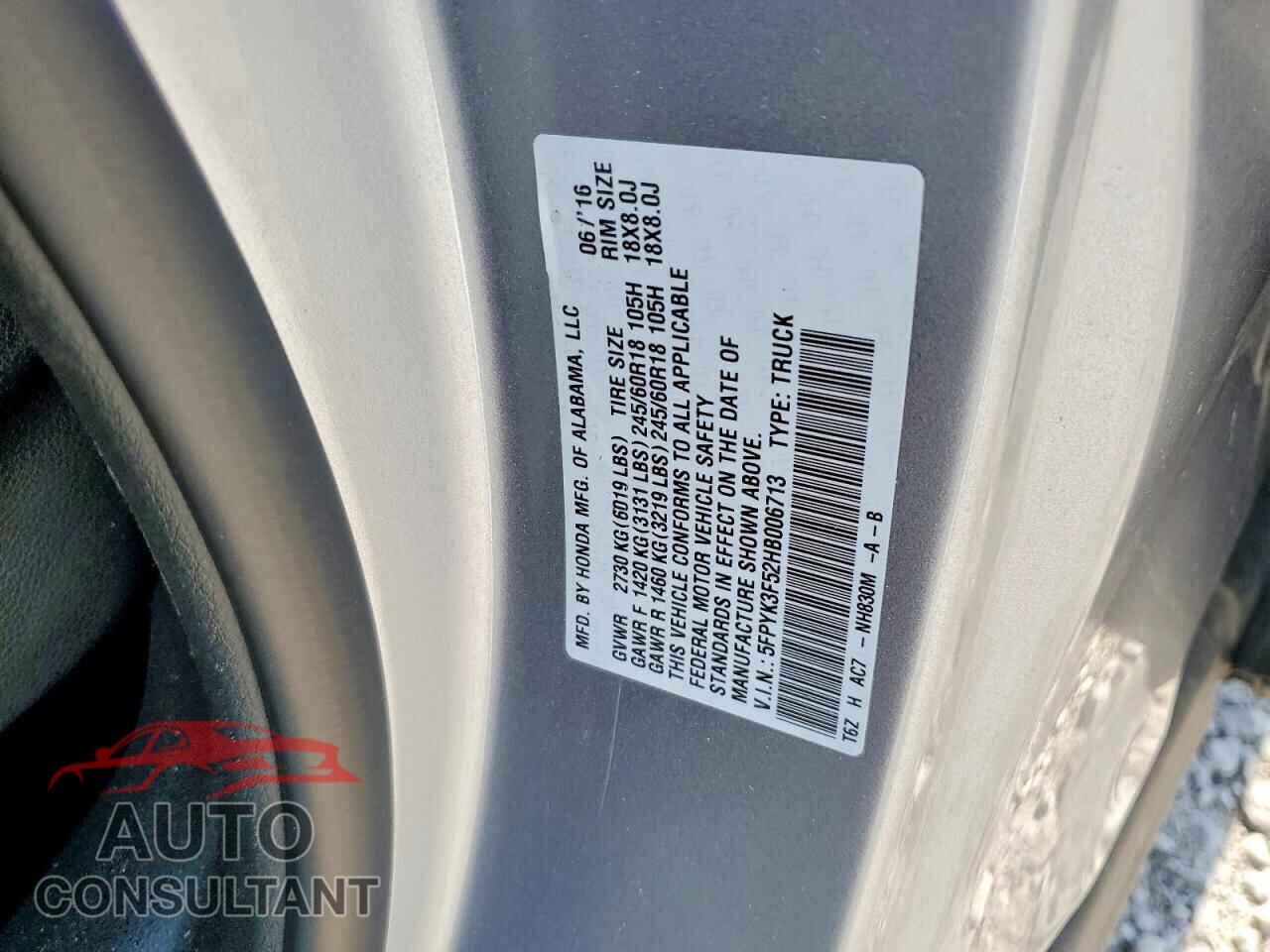 HONDA RIDGELINE 2017 - 5FPYK3F52HB006713