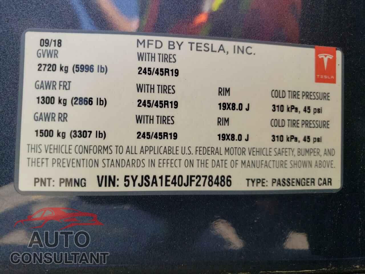 TESLA MODEL S 2018 - 5YJSA1E40JF278486