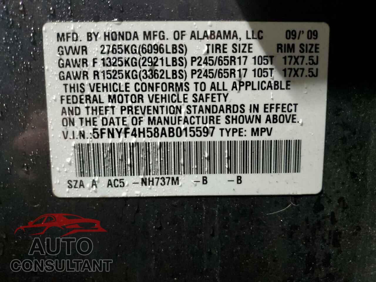 HONDA PILOT 2010 - 5FNYF4H58AB015597