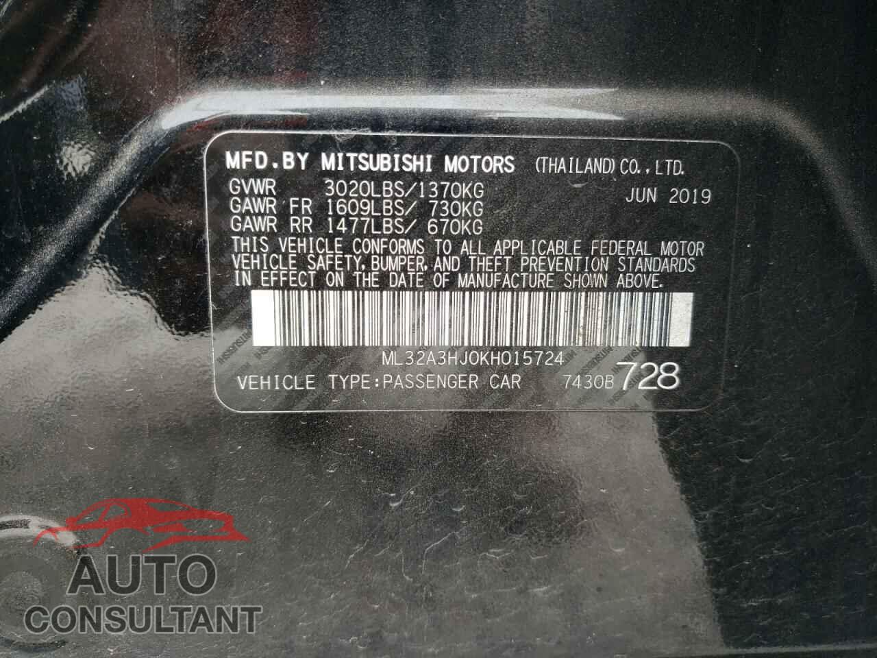 MITSUBISHI MIRAGE 2019 - ML32A3HJ0KH015724