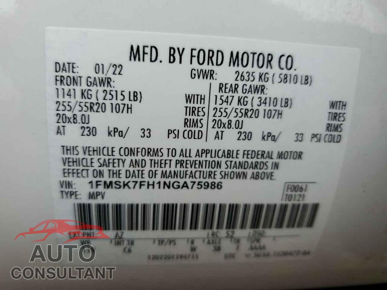 FORD EXPLORER 2022 - 1FMSK7FH1NGA75986