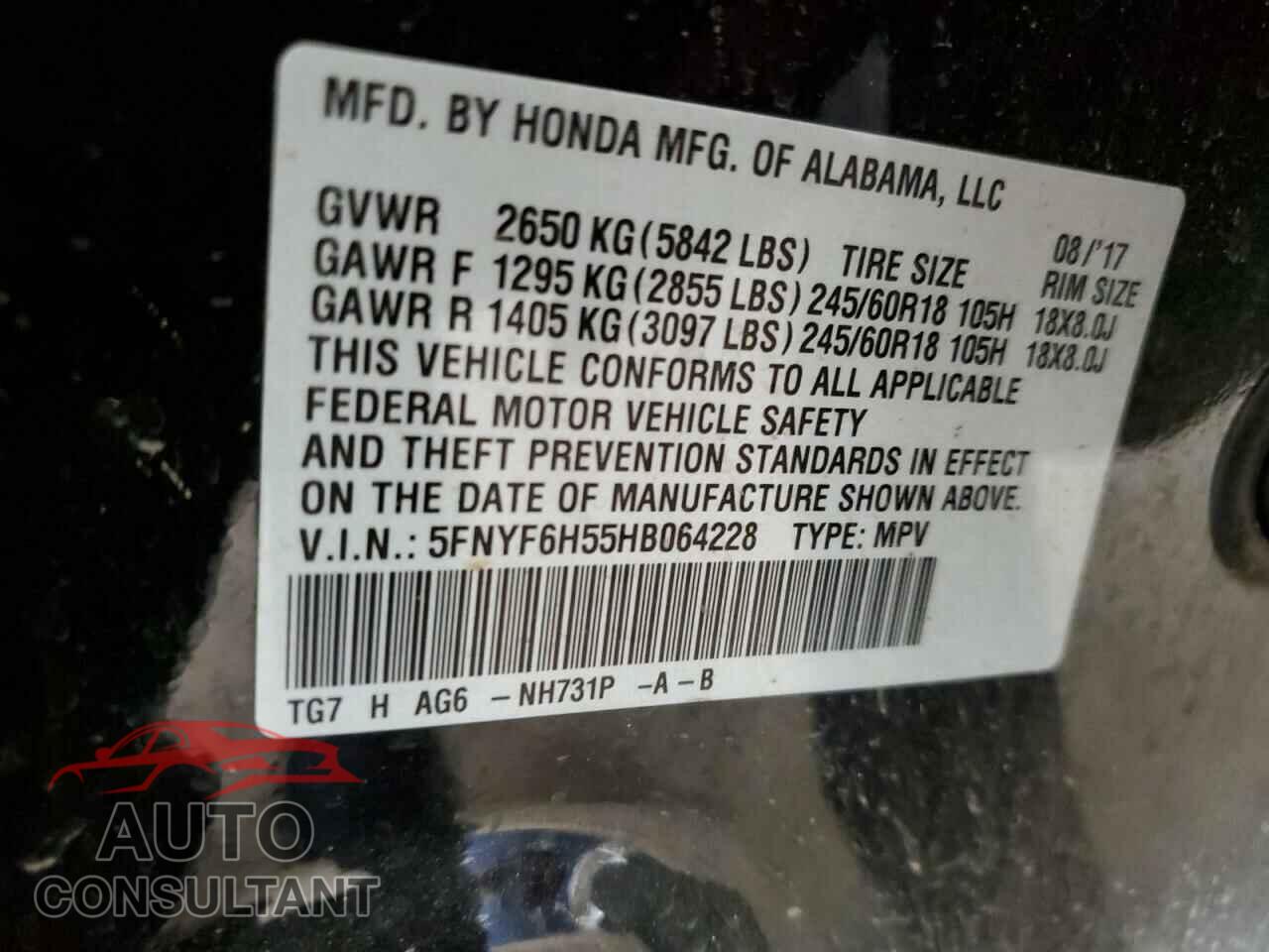 HONDA PILOT 2017 - 5FNYF6H55HB064228
