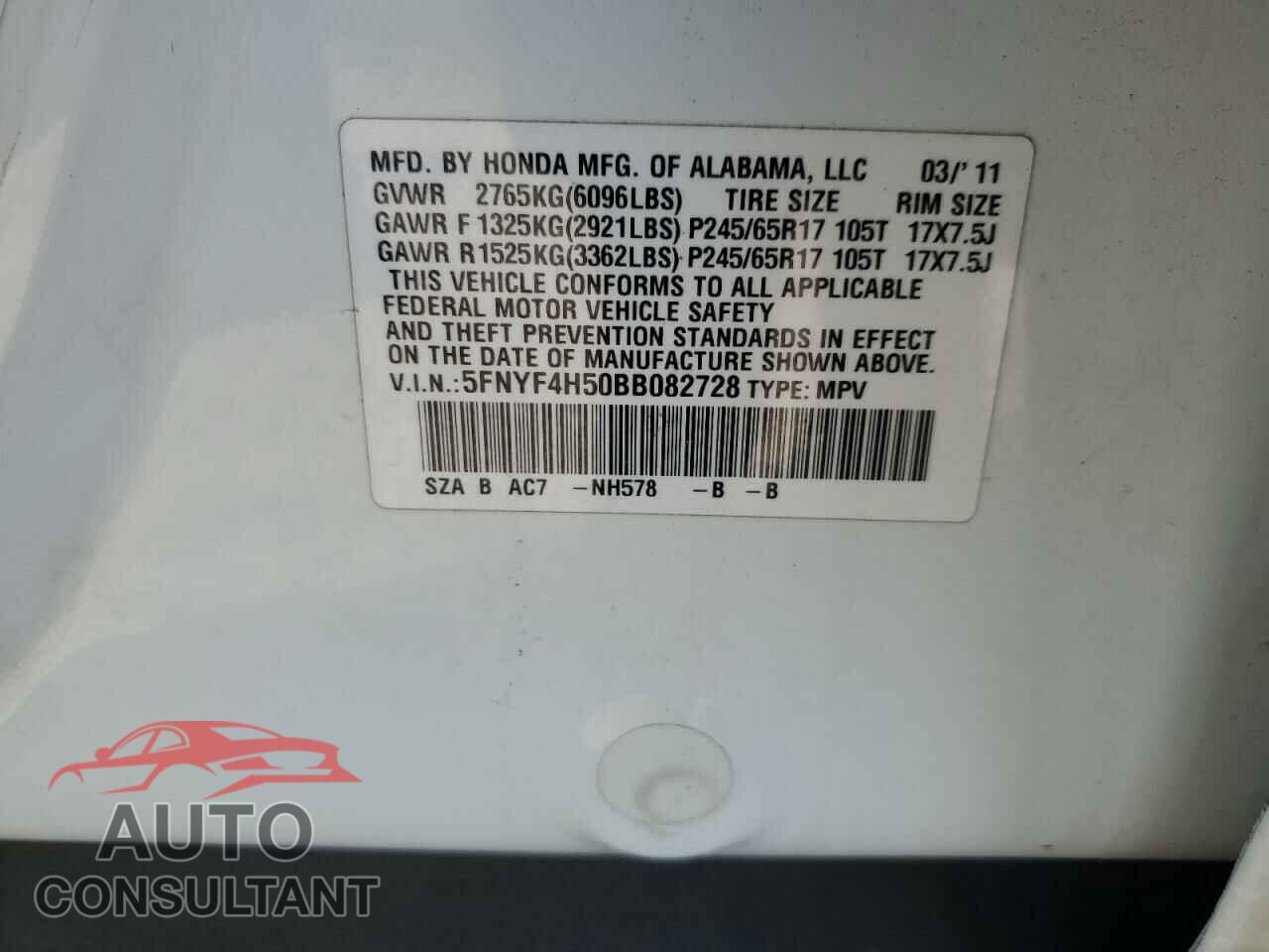 HONDA PILOT 2011 - 5FNYF4H50BB082728