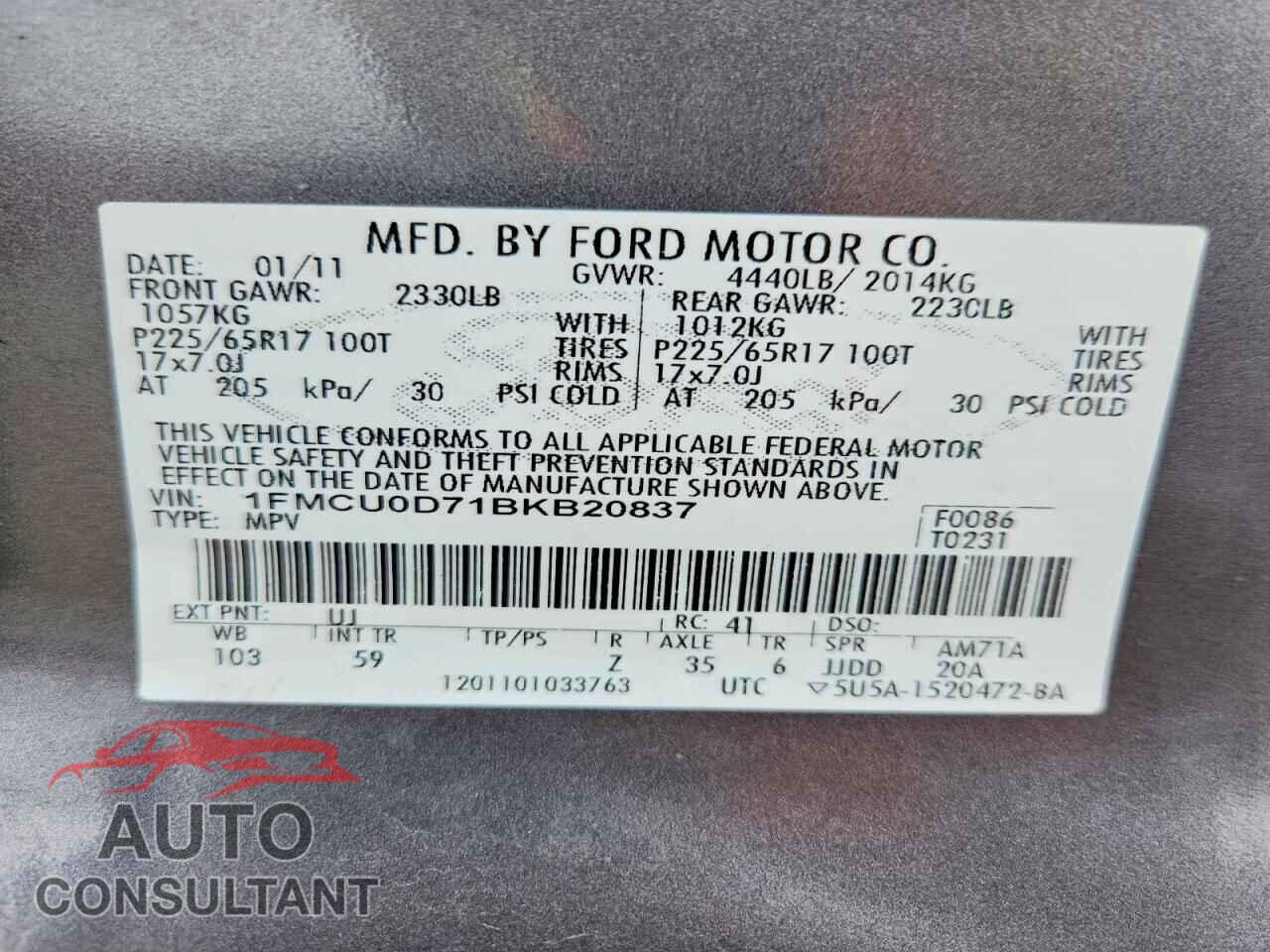 FORD ESCAPE 2011 - 1FMCU0D71BKB20837