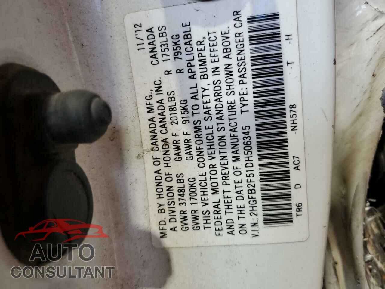 HONDA CIVIC 2013 - 2HGFB2F51DH506345