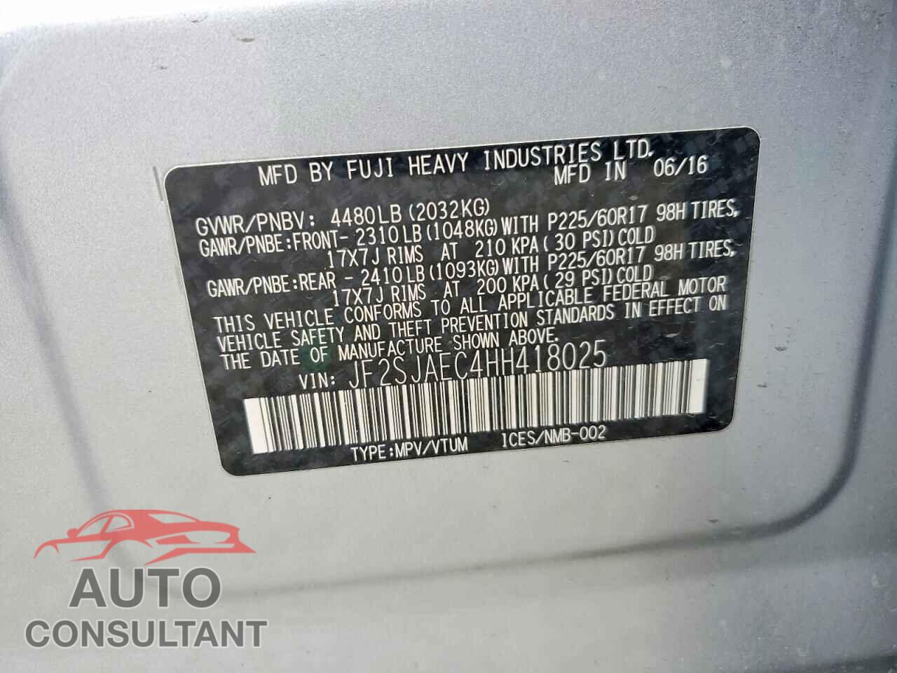 SUBARU FORESTER 2017 - JF2SJAEC4HH418025