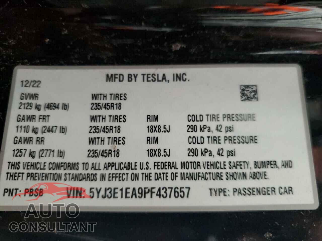 TESLA MODEL 3 2023 - 5YJ3E1EA9PF437657