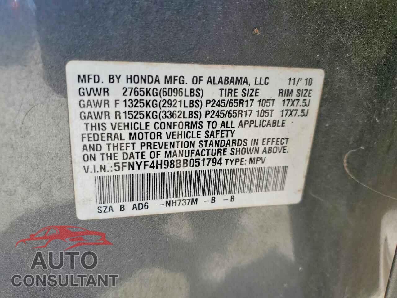 HONDA PILOT 2011 - 5FNYF4H98BB051794