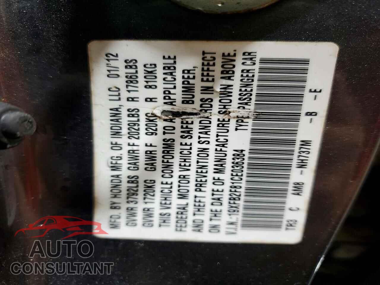 HONDA CIVIC 2012 - 19XFB2F81CE036384