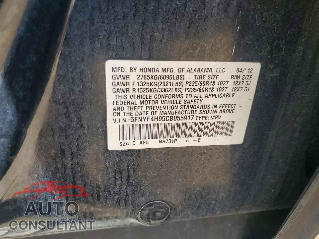 HONDA PILOT 2012 - 5FNYF4H95CB055917