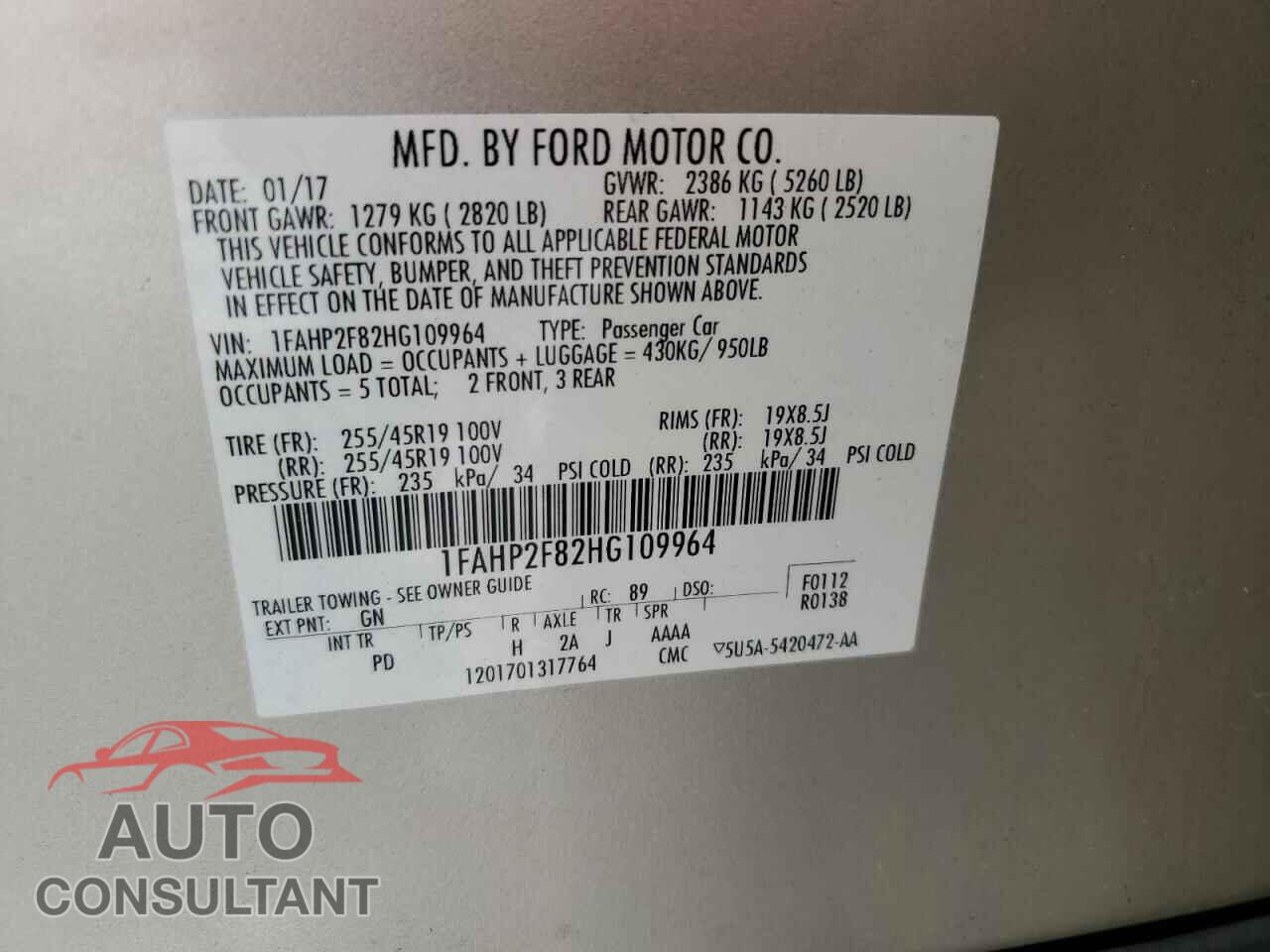 FORD TAURUS 2017 - 1FAHP2F82HG109964