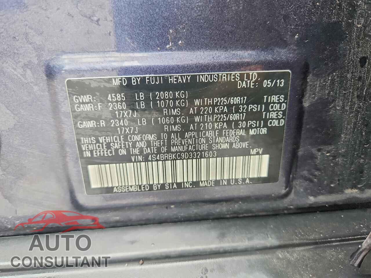 SUBARU OUTBACK 2013 - 4S4BRBKC9D3321603