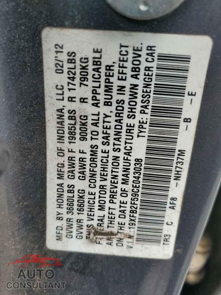 HONDA CIVIC 2012 - 19XFB2F59CE043038