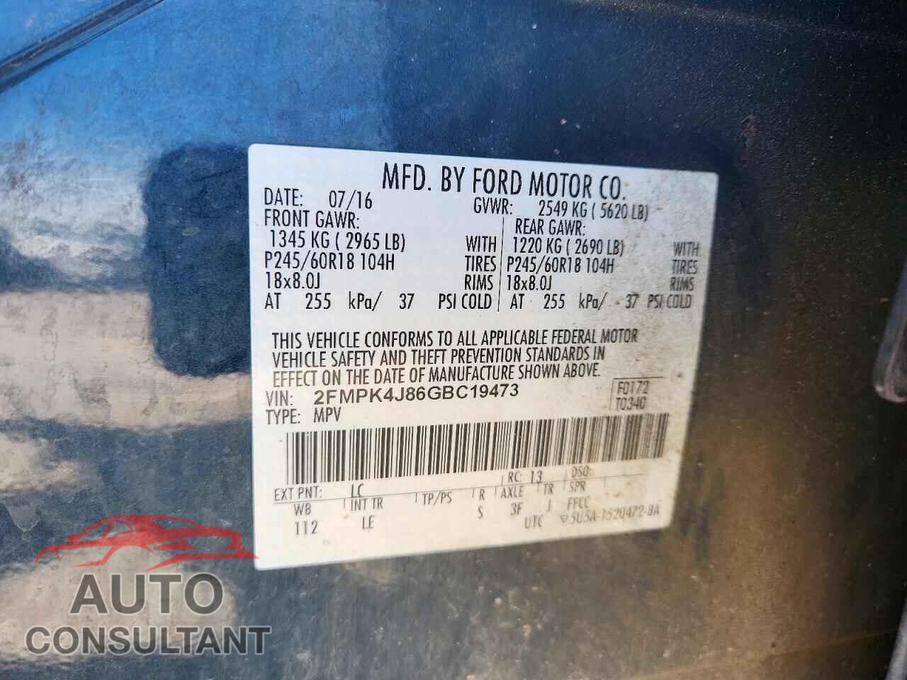 FORD EDGE 2016 - 2FMPK4J86GBC19473