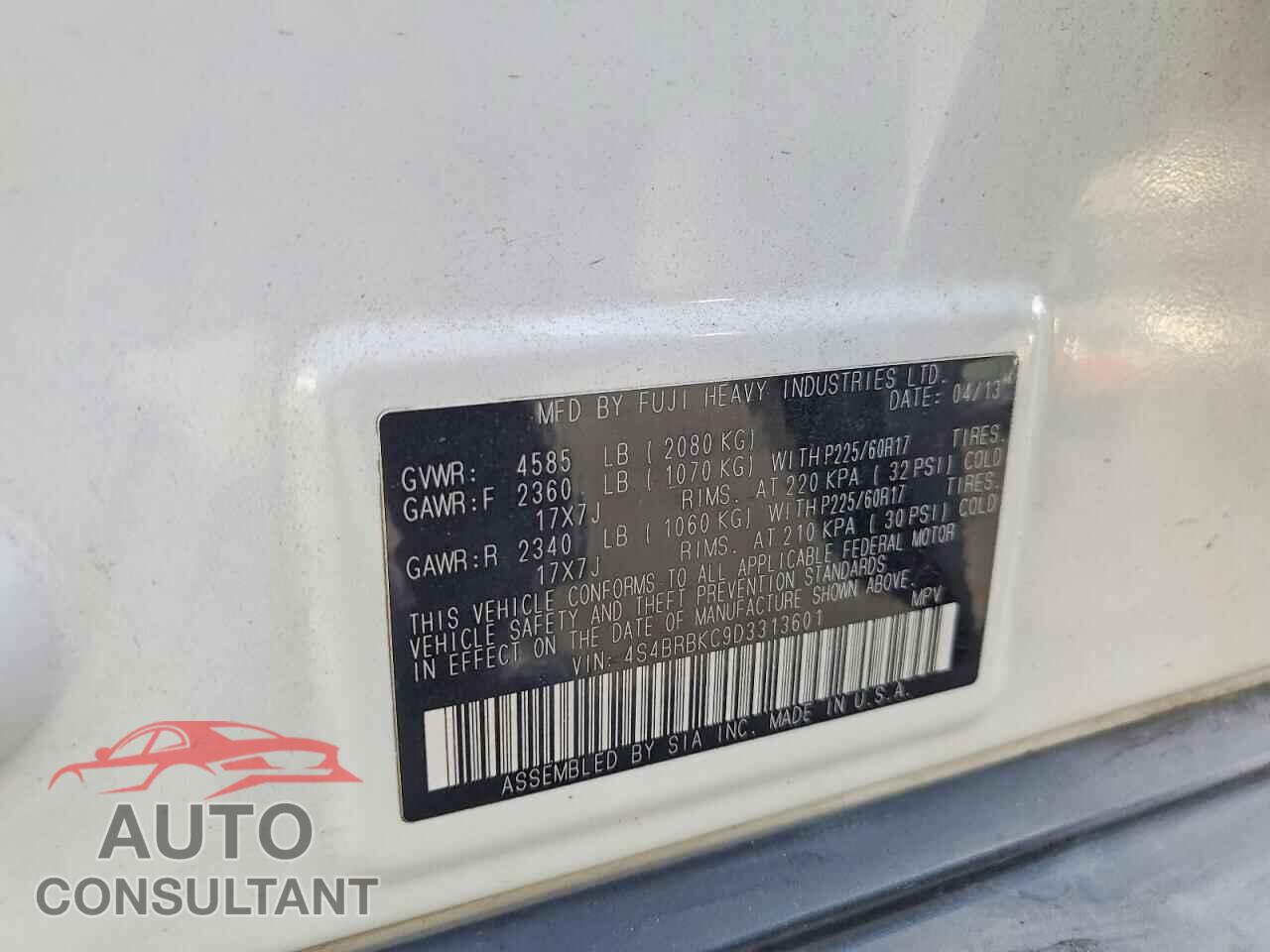SUBARU OUTBACK 2013 - 4S4BRBKC9D3313601
