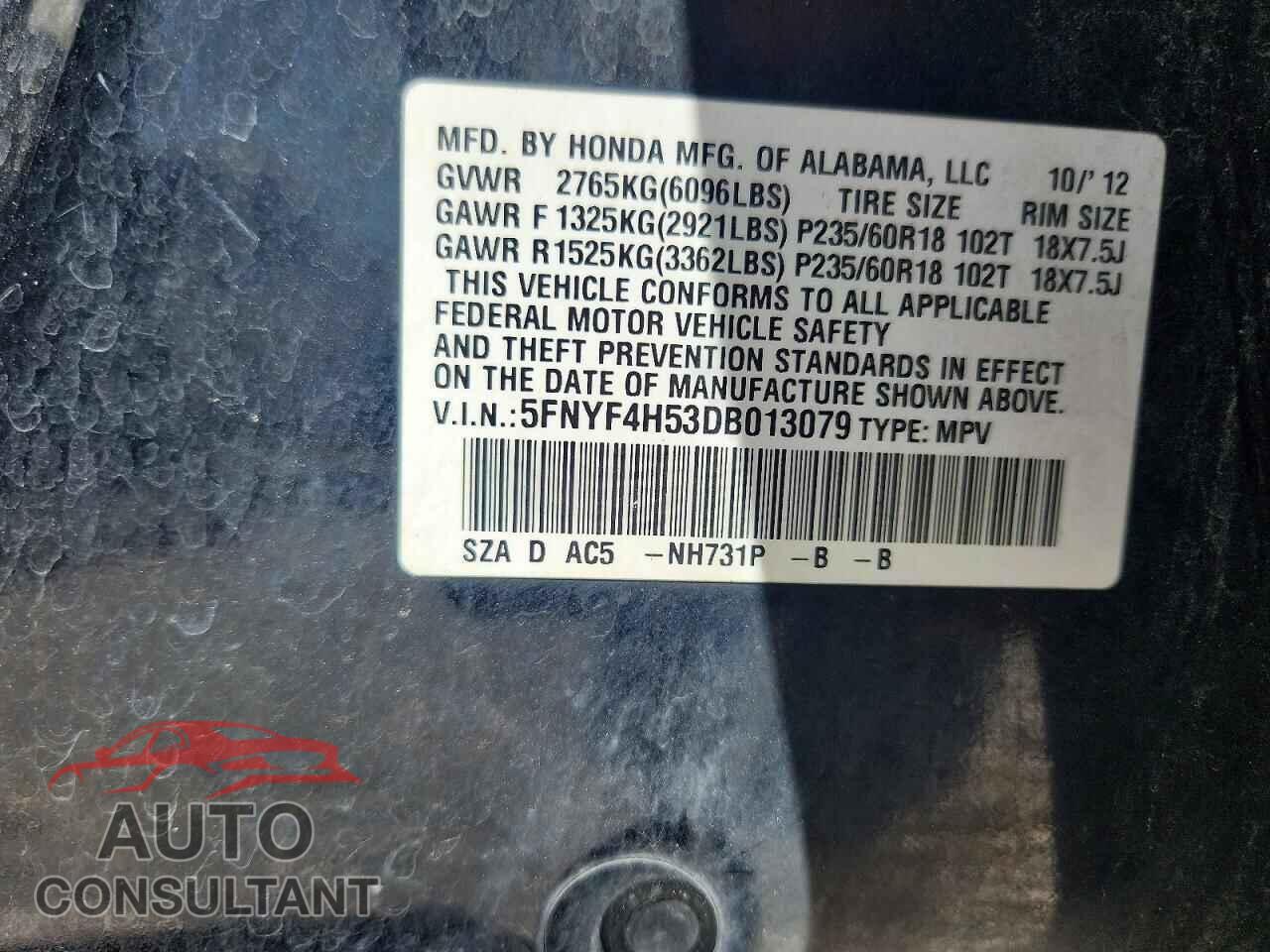 HONDA PILOT 2013 - 5FNYF4H53DB013079
