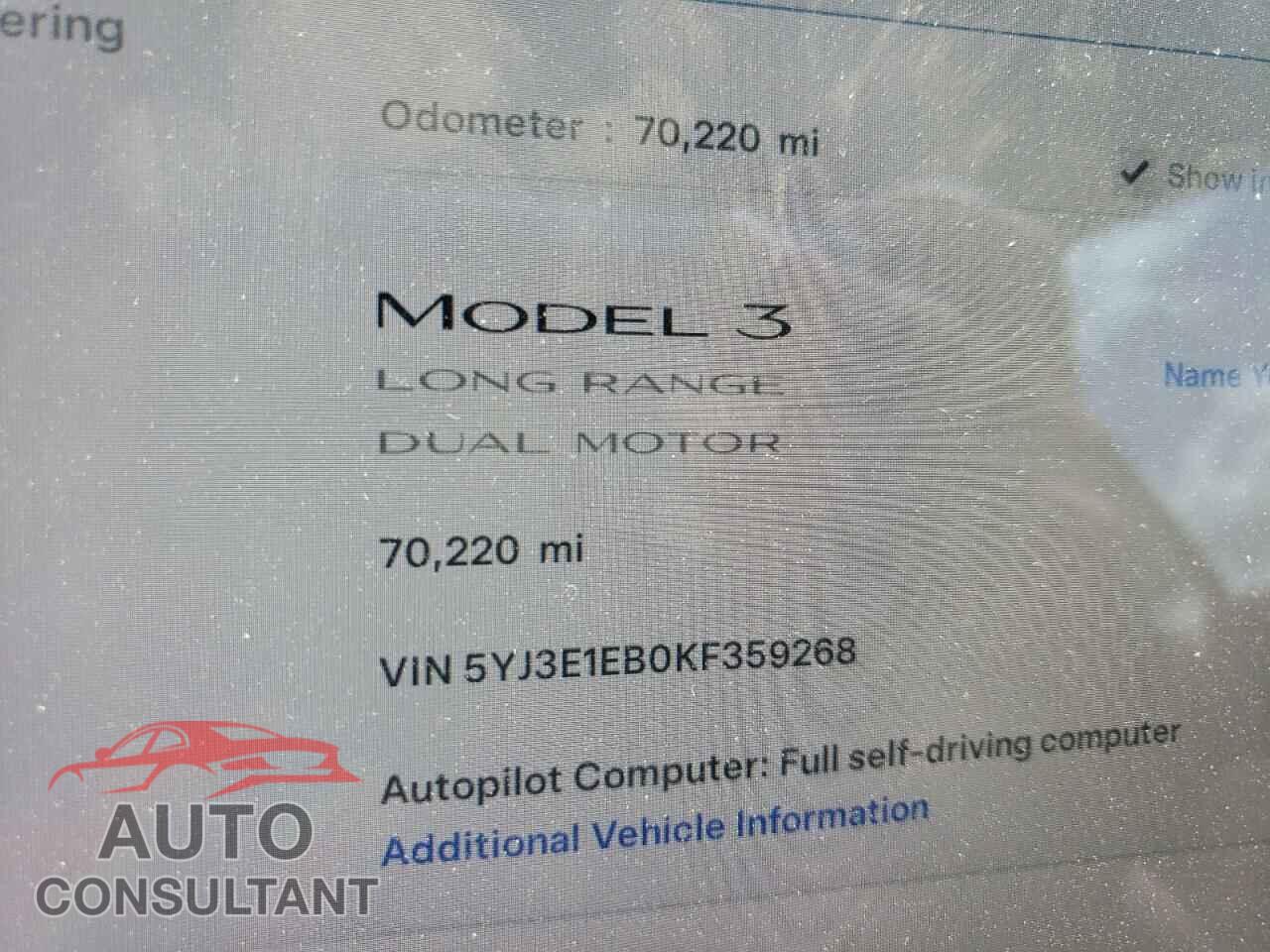 TESLA MODEL 3 2019 - 5YJ3E1EB0KF359268