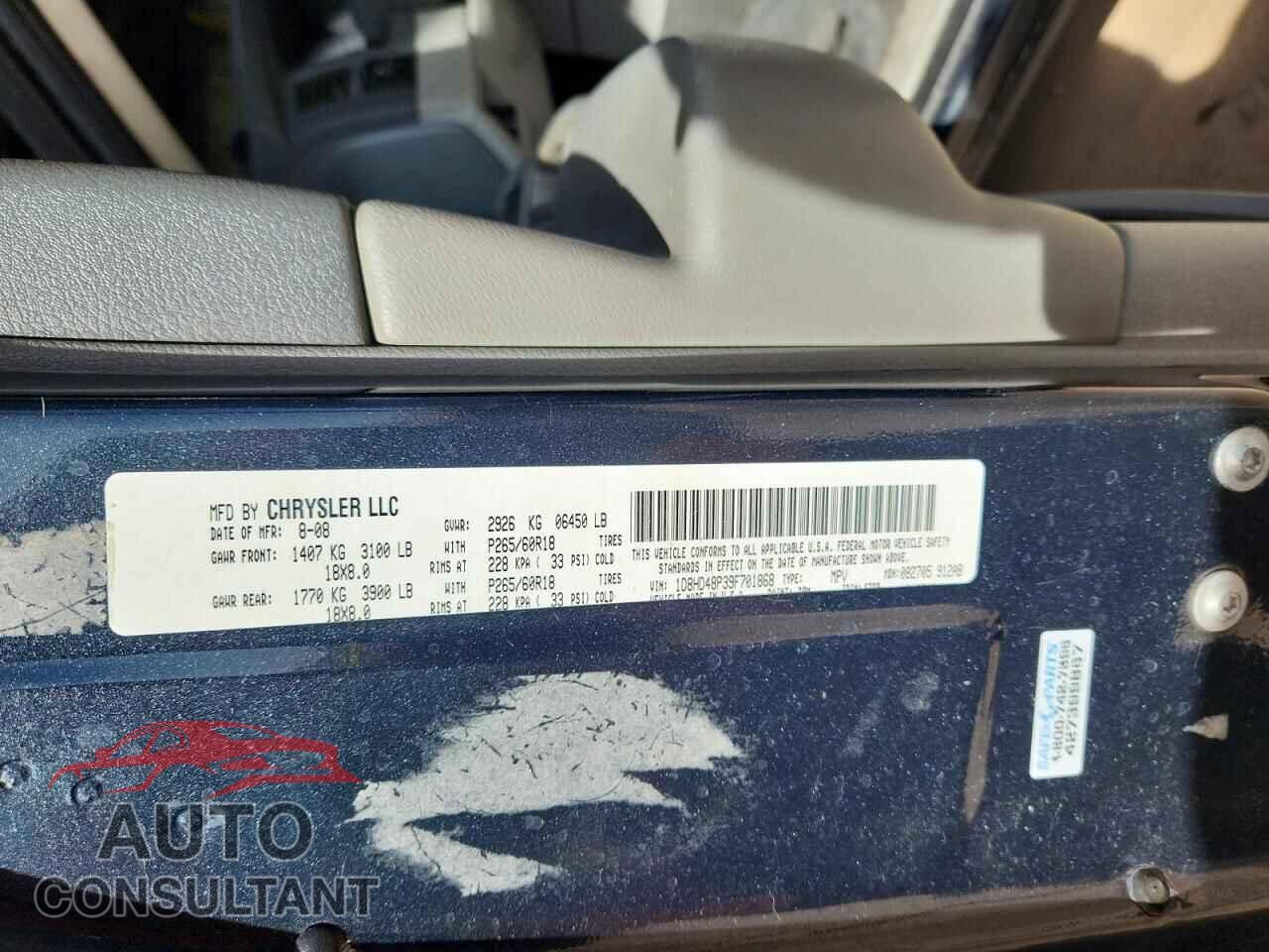 DODGE DURANGO 2009 - 1D8HD48P39F701868