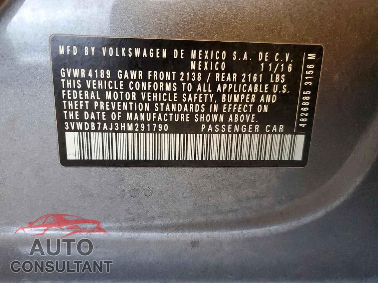 VOLKSWAGEN JETTA 2017 - 3VWDB7AJ3HM291790