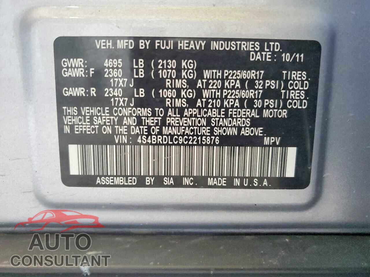 SUBARU OUTBACK 2012 - 4S4BRDLC9C2215876