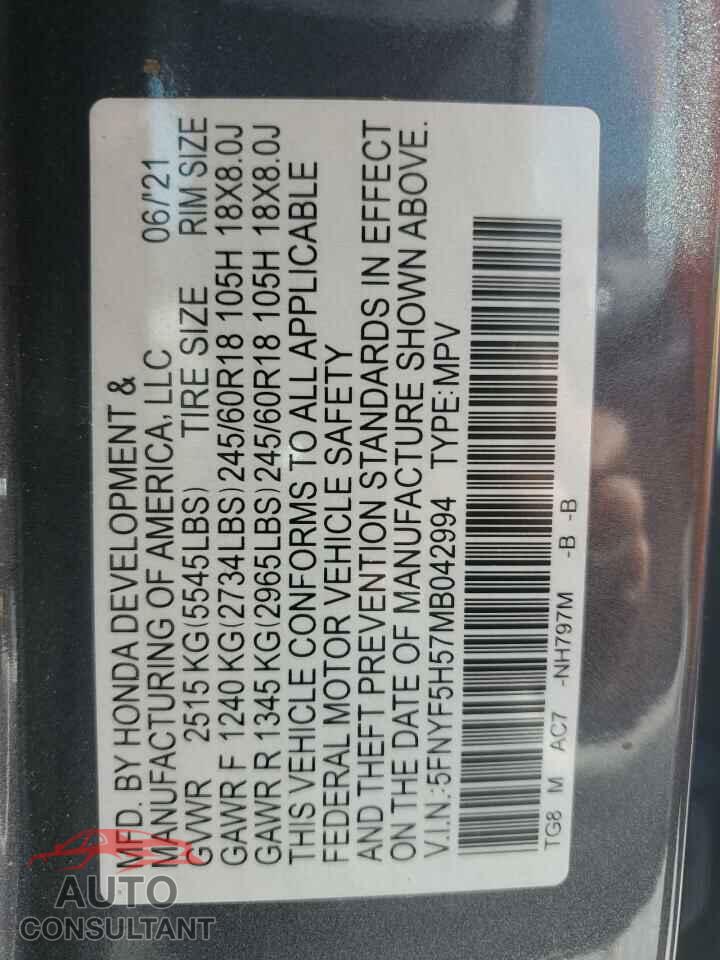 HONDA PILOT 2021 - 5FNYF5H57MB042994