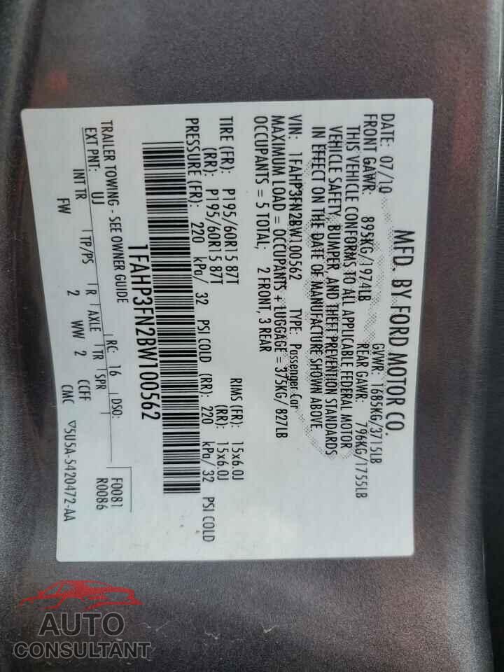FORD FOCUS 2011 - 1FAHP3FN2BW100562