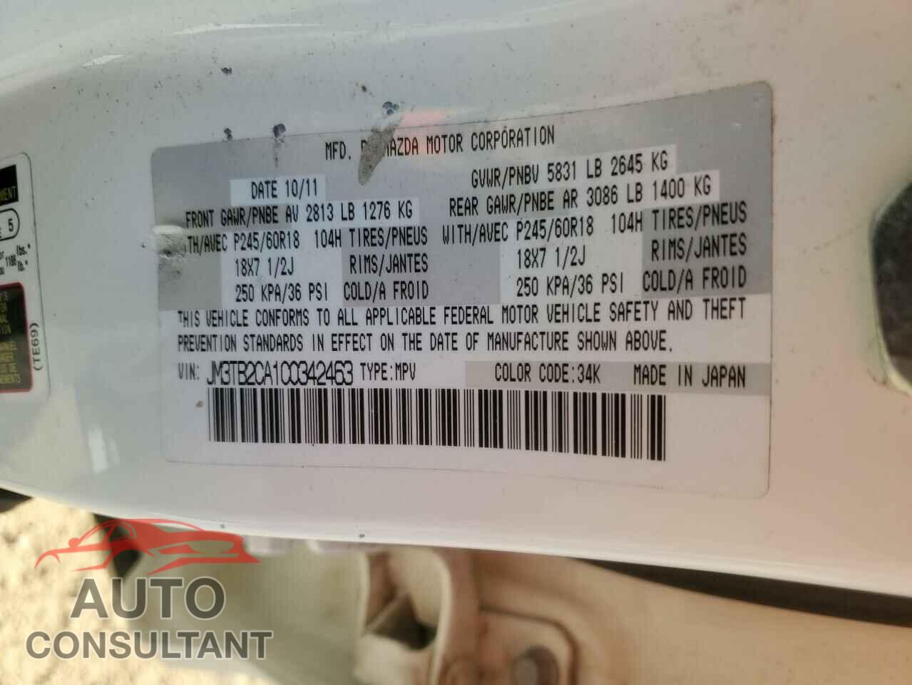 MAZDA CX-9 2012 - JM3TB2CA1C0342463