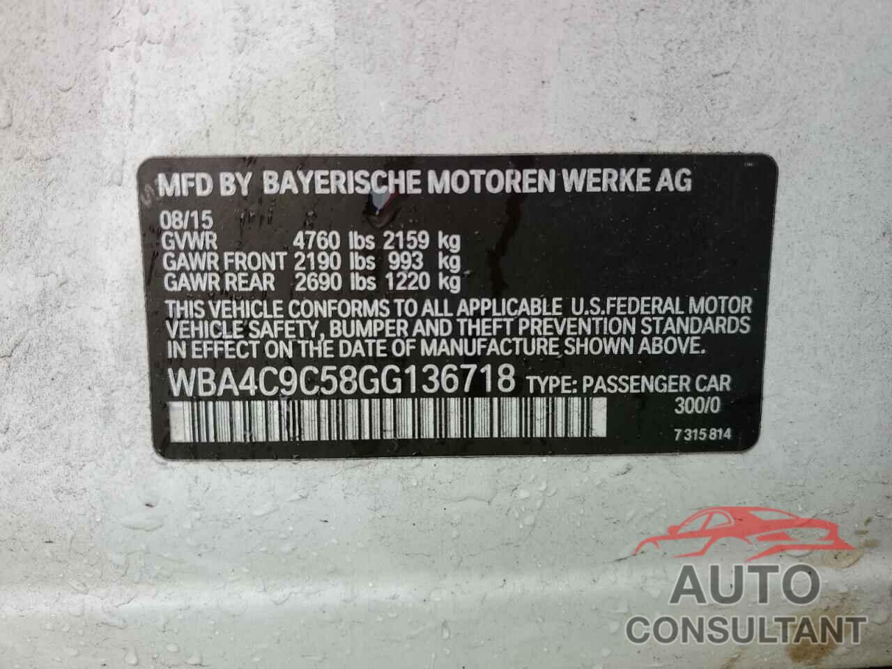 BMW 4 SERIES 2016 - WBA4C9C58GG136718