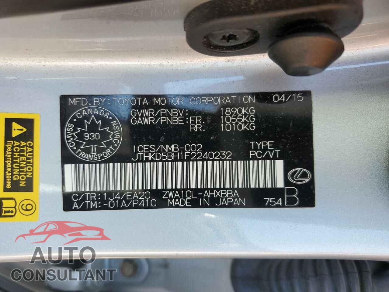 LEXUS CT 200 2015 - JTHKD5BH1F2240232