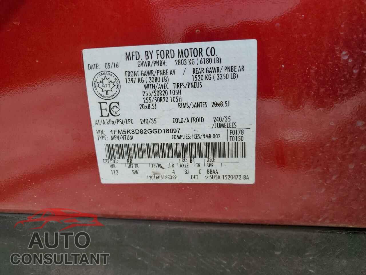 FORD EXPLORER 2016 - 1FM5K8D82GGD18097