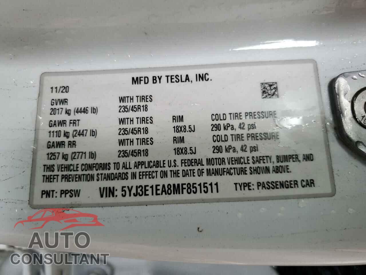 TESLA MODEL 3 2021 - 5YJ3E1EA8MF851511