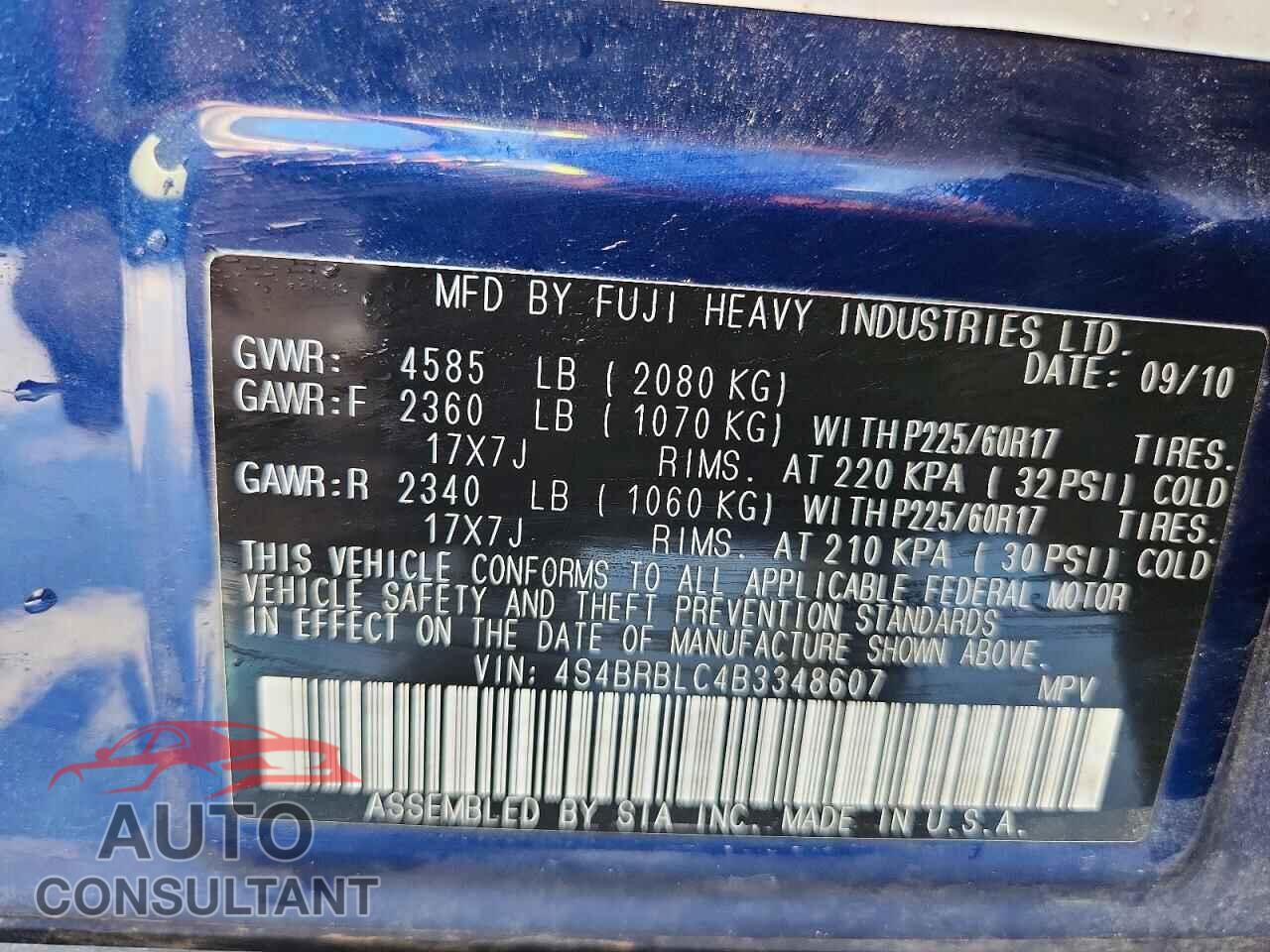SUBARU OUTBACK 2011 - 4S4BRBLC4B3348607