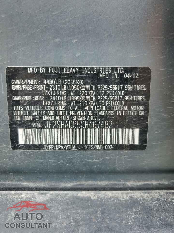 SUBARU FORESTER 2012 - JF2SHADC5CH467482