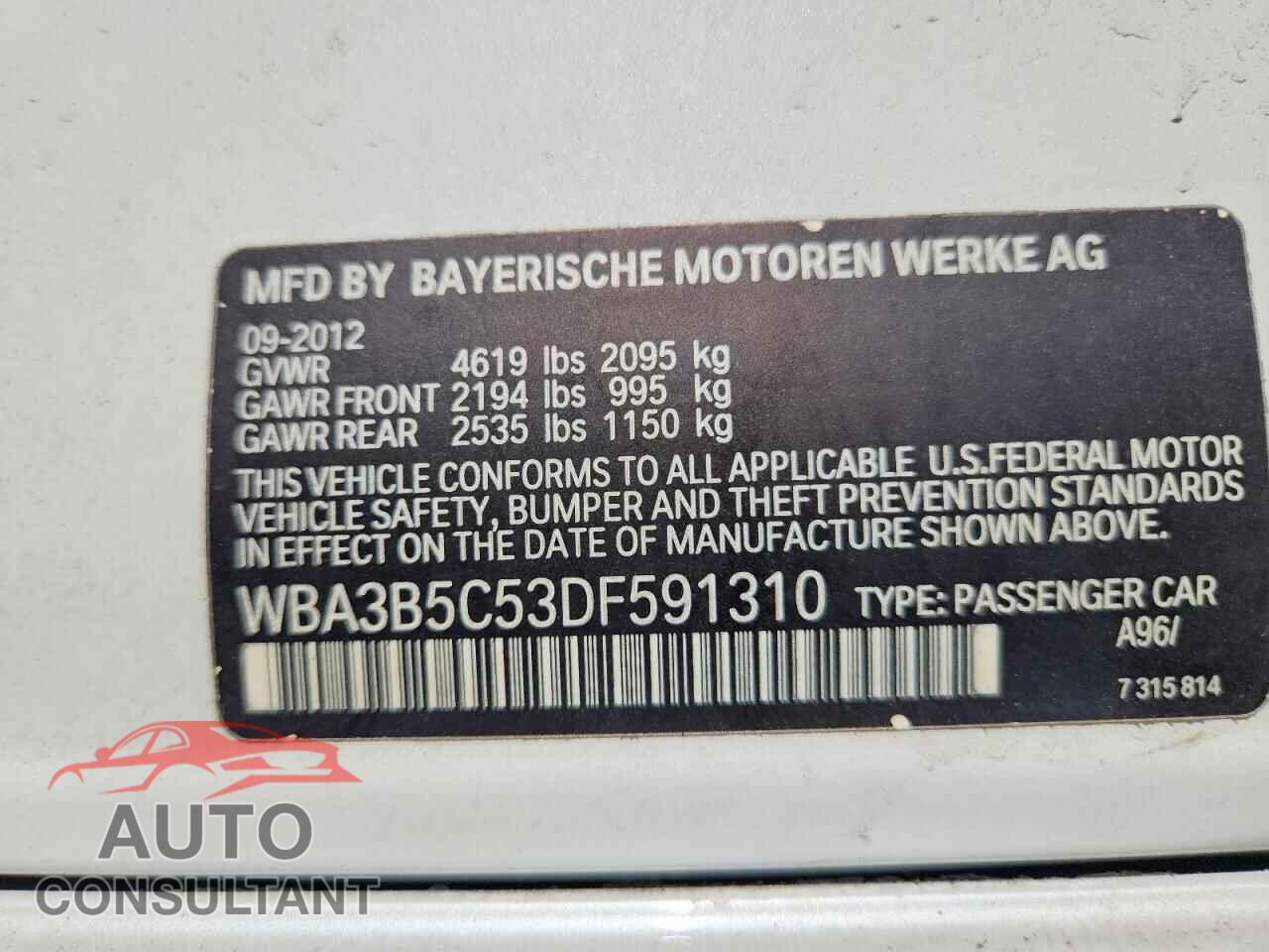 BMW 3 SERIES 2013 - WBA3B5C53DF591310