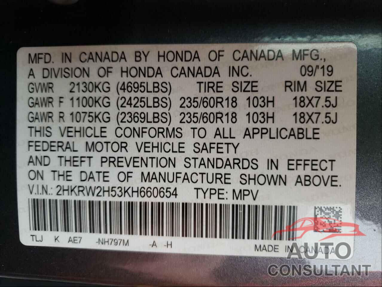 HONDA CRV 2019 - 2HKRW2H53KH660654