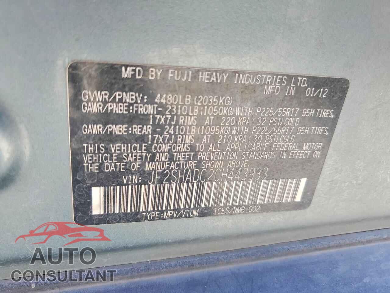 SUBARU FORESTER 2012 - JF2SHADC2CH443933