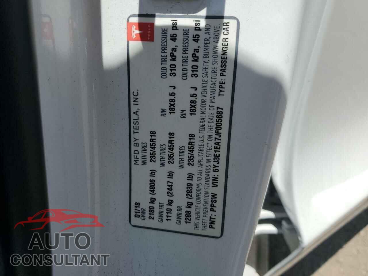 TESLA MODEL 3 2018 - 5YJ3E1EA7JF005687