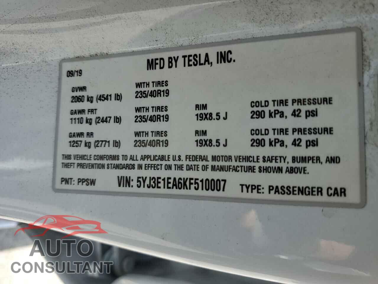 TESLA MODEL 3 2019 - 5YJ3E1EA6KF510007