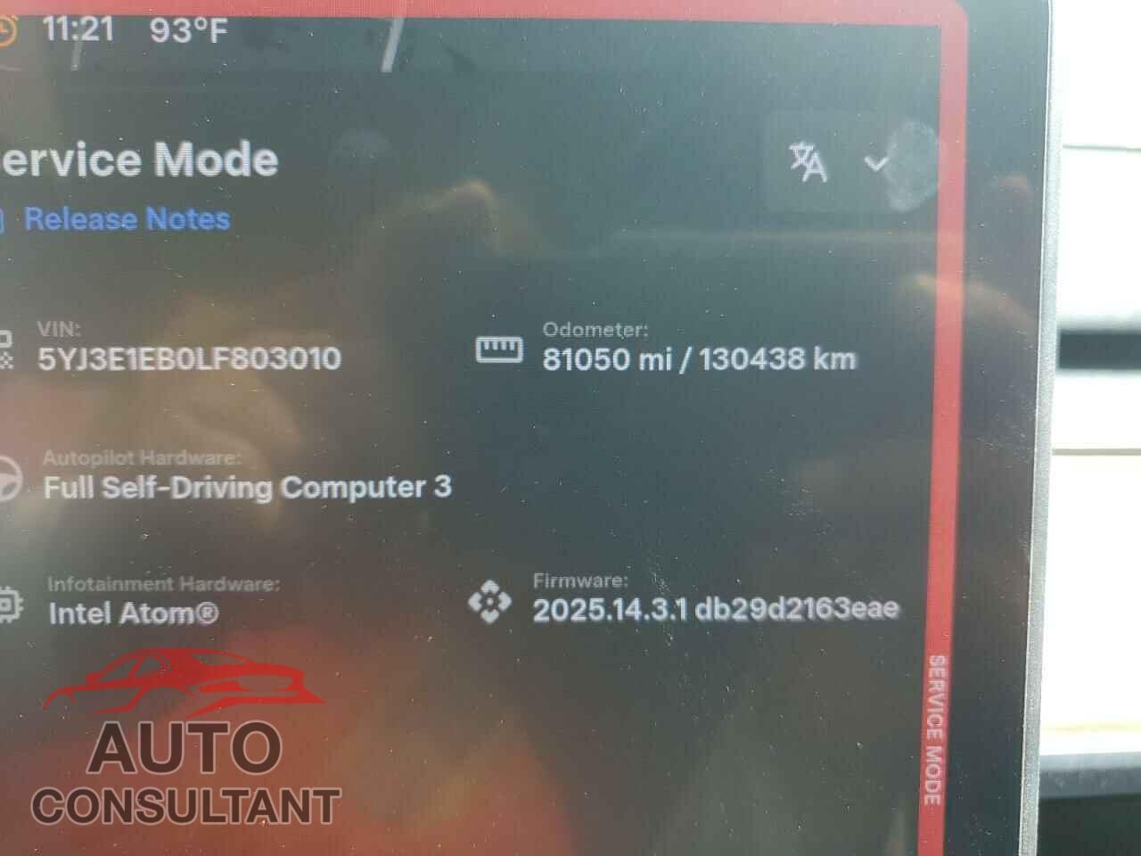 TESLA MODEL 3 2020 - 5YJ3E1EB0LF803010