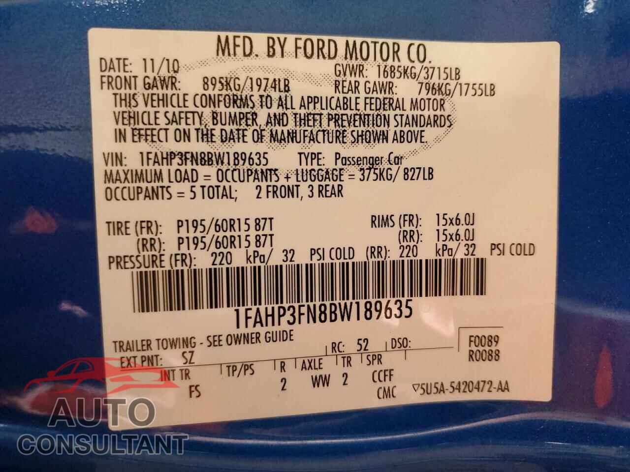FORD FOCUS 2011 - 1FAHP3FN8BW189635