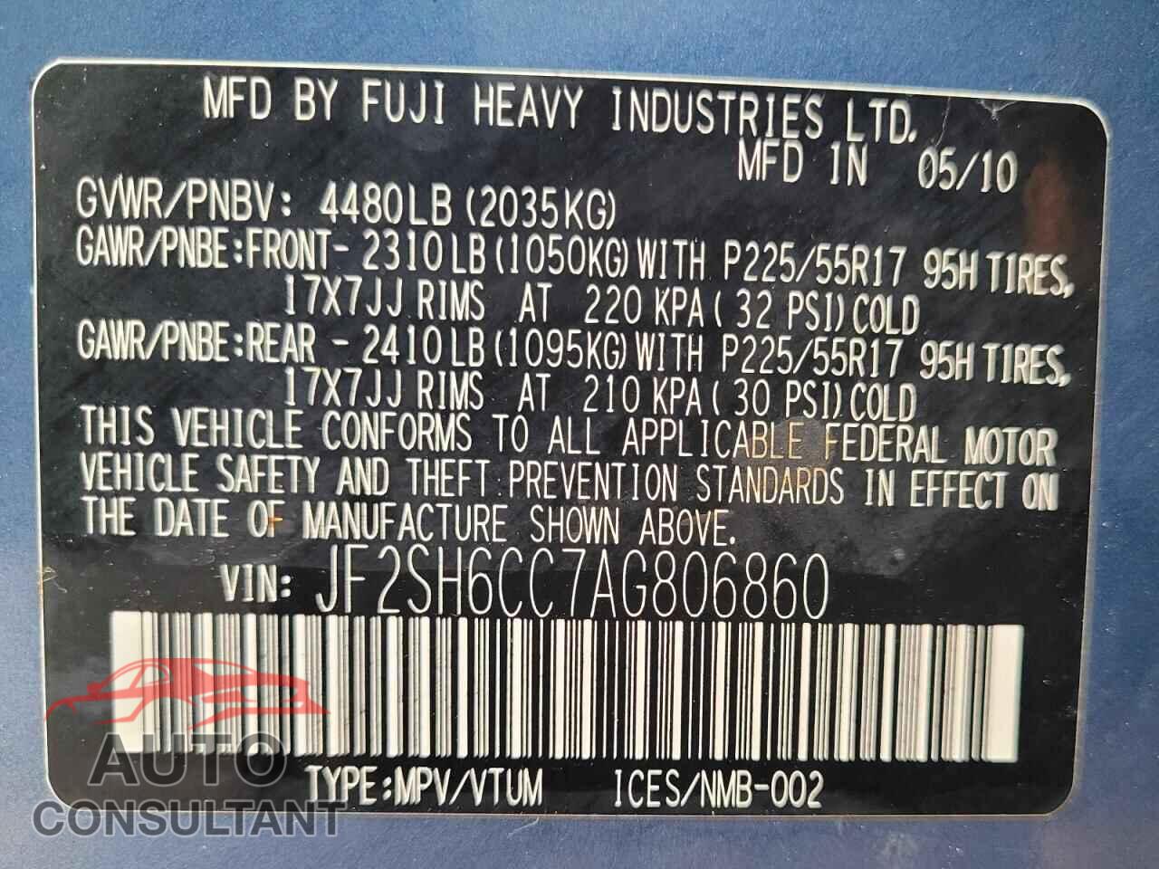 SUBARU FORESTER 2010 - JF2SH6CC7AG806860