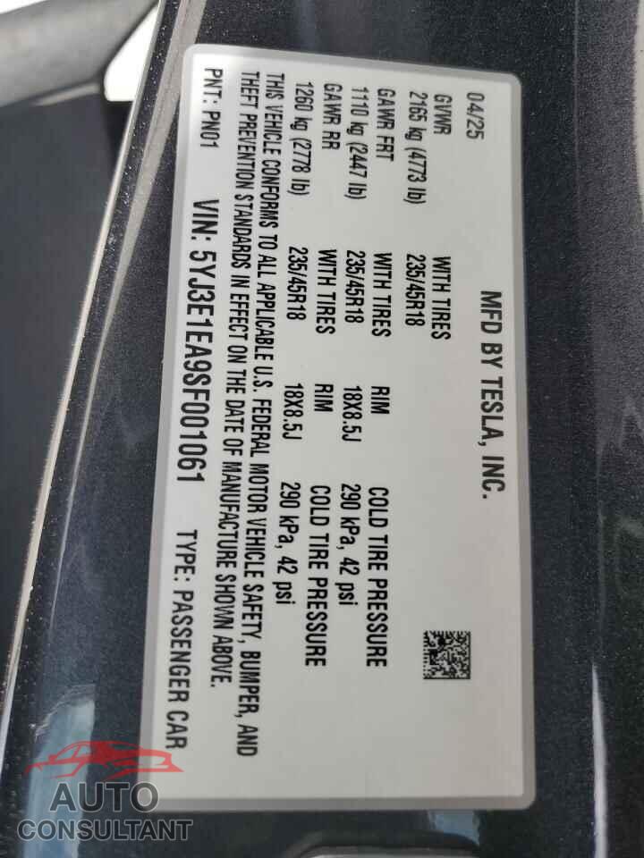 TESLA MODEL 3 2025 - 5YJ3E1EA9SF001061