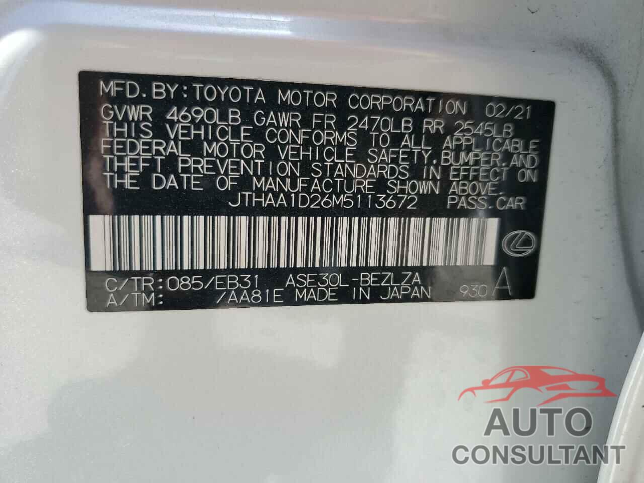 LEXUS IS 2021 - JTHAA1D26M5113672